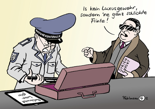 Cartoon: Luxusexport (medium) by Pfohlmann tagged karikatur,color,farbe,2012,syrien,eu,europa,außenminister,sanktion,sanktionen,luxus,luxusgüter,waffen,export,exporte,schlicht,gewehr,flinte,einfach,geschäfte,geschäftsmann,kontrolle,ausfuhr,2012,syrien,eu,europa,außenminister,sanktion,sanktionen,luxusgüter,waffen,exporte