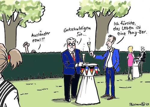 Cartoon: Macron beim Bürgerfest (medium) by Pfohlmann tagged bundespräsident,staatsbesuch,macron,frankreich,deutschland,bürgerfest,sylt,ausländerfeindlichkeit,ponybar,ponyhof,migration,rechtsextrem,rechtsextremismus,bundespräsident,staatsbesuch,macron,frankreich,deutschland,bürgerfest,sylt,ausländerfeindlichkeit,ponybar,ponyhof,migration,rechtsextrem,rechtsextremismus