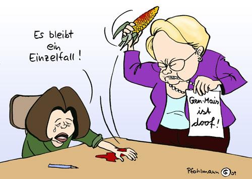 Cartoon: Mais-Prügel für Aigner (medium) by Pfohlmann tagged aigner,schavan,genmais,prügel,verbot,genmanipulation