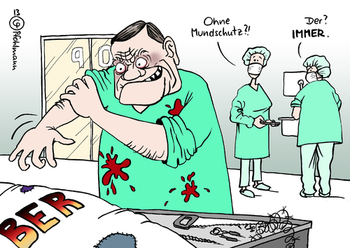 Cartoon: Mehdorn Mundschutz (medium) by Pfohlmann tagged karikatur,cartoon,color,farbe,2013,deutschland,ber,mehdorn,berlin,flughafen,aufsichtsratschef,chef,op,operation,chirurg,mundschutz,patient,blut,desaster,debakel,hauptstadtflughafen,chaos,karikatur,cartoon,color,farbe,2013,deutschland,ber,mehdorn,berlin,flughafen,aufsichtsratschef,chef,op,operation,chirurg,mundschutz,patient,blut,desaster,debakel,hauptstadtflughafen,chaos