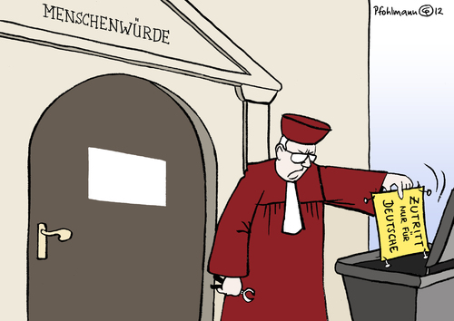 Cartoon: Menschenwürde (medium) by Pfohlmann tagged karikatur,color,farbe,2012,deutschland,bundesverfassungsgericht,asyl,asylbewerber,grundgesetz,menschenwürde,hartz,iv,existenzminimum,verfassungsgericht,verfassungsrichter,richter,abfall,tonne,mülltonne,deutsche,entscheidung,regelsatz,anhebung,angleichung,2012,bundesverfassungsgericht,asyl,asylbewerber,grundgesetz,menschenwürde,hartz