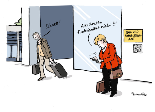 Cartoon: Merkel checkt aus (medium) by Pfohlmann tagged merkel,bundeskanzlerin,bundeskanzleramt,abschied,bundestagswahl,sauer,checkout,luca,lucaapp,corona,smartphone,digitalisierung,lucafail,pandemie,coronavirus,kontaktnachverfolgung,afghanistan,taliban,bundeswehr,islamismus,terror,merkel,bundeskanzlerin,bundeskanzleramt,abschied,bundestagswahl,sauer,checkout,luca,lucaapp,corona,smartphone,digitalisierung,lucafail,pandemie,coronavirus,kontaktnachverfolgung,afghanistan,taliban,bundeswehr,islamismus,terror