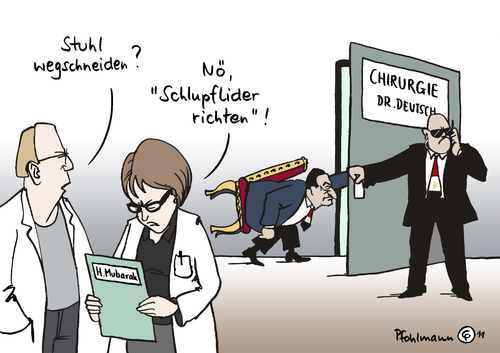 Cartoon: Mubarak in Klinik (medium) by Pfohlmann tagged mubarak,egypt,ägypten,klinik,krankenhaus,deutschland,op,operation,medizin,behandlung,chirurg,chirurgie,stuhl,kleben,diktator,rücktritt,aufstand,reform,demokratie,exil,mubarak,ägypten,klinik,krankenhaus,deutschland,operation,medizin,behandlung,chirurg,chirurgie,diktator,rücktritt