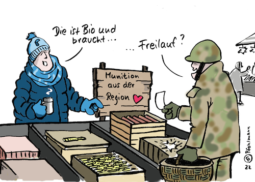 Cartoon: Munition regional (medium) by Pfohlmann tagged waffenindustrie,munition,waffen,rheinmetall,deutschland,herstellung,produktion,regional,region,bio,markt,waffenmarkt,krieg,verteidigung,militär,bundeswehr,waffenexporte,soldat,wochenmarkt,munition,waffen,rheinmetall,deutschland,herstellung,produktion,regional,region,bio,markt,waffenmarkt,krieg,verteidigung,militär,bundeswehr,waffenexporte,soldat,wochenmarkt