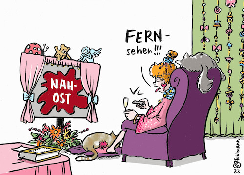 Cartoon: Nahost Fernsehen (medium) by Pfohlmann tagged nahost,fernsehen,tv,kitsch,romantik,rosa,realität,realitätsflucht,krieg,gewalt,terror,medien,traumwelt,gaza,nahost,fernsehen,tv,kitsch,romantik,rosa,realität,realitätsflucht,krieg,gewalt,terror,medien,traumwelt,gaza