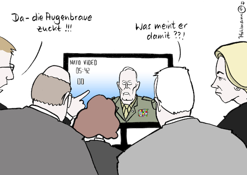 Cartoon: NATO Analysegruppe (medium) by Pfohlmann tagged karikatur,cartoon,2017,color,farbe,usa,nato,mattis,bündnis,verteidigungsbündnis,brüssel,rätsel,position,augenbraue,verteidigungsminister,video,analyse,rätseln,rätselraten,karikatur,cartoon,2017,color,farbe,usa,nato,mattis,bündnis,verteidigungsbündnis,brüssel,rätsel,position,augenbraue,verteidigungsminister,video,analyse,rätseln,rätselraten