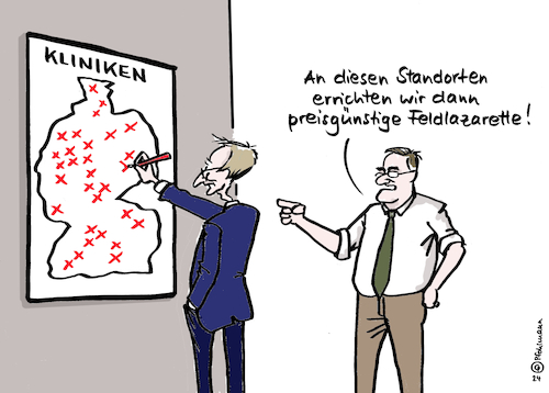 Cartoon: Neue Lazarette (medium) by Pfohlmann tagged lauterbach,klinikreform,gesundheitspolitik,gesundheitssystem,pistorius,verteidigungsminister,ampel,krieg,kriegstüchtig,krankenhaus,krankenhäuser,lazarette,medizin,spd,lauterbach,klinikreform,gesundheitspolitik,gesundheitssystem,pistorius,verteidigungsminister,ampel,krieg,kriegstüchtig,krankenhaus,krankenhäuser,lazarette,medizin,spd