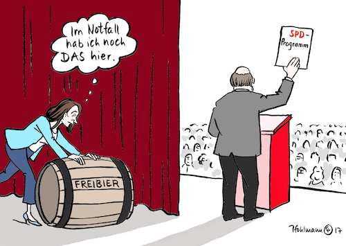 Cartoon: Notfreibier (medium) by Pfohlmann tagged karikatur,cartoon,2017,color,farbe,deutschland,spd,programm,wahlprogramm,kanzlerkandidat,schulz,barley,generalsekretärin,freibier,not,notfall,beliebtheit,bundestagswahl,wahlen,umfragen,absturz,partei,karikatur,cartoon,2017,color,farbe,deutschland,spd,programm,wahlprogramm,kanzlerkandidat,schulz,barley,generalsekretärin,freibier,not,notfall,beliebtheit,bundestagswahl,wahlen,umfragen,absturz,partei