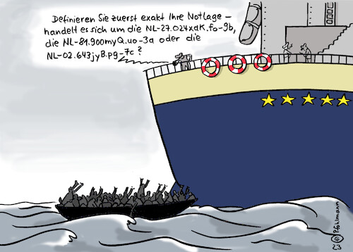 Cartoon: Notlage definieren (medium) by Pfohlmann tagged flucht,migration,asyl,mittelmeer,eu,bürokratie,abschottung,fluchtursachen,notlage,geflüchtete,flüchtlinge,boot,seenot,rettung,seenotrettung,küstenwache,asylpolitik,einwanderung,immigration,flucht,migration,asyl,mittelmeer,eu,bürokratie,abschottung,fluchtursachen,notlage,geflüchtete,flüchtlinge,boot,seenot,rettung,seenotrettung,küstenwache,asylpolitik,einwanderung,immigration