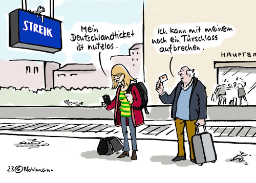 Cartoon: Nutzloses Ticket (medium) by Pfohlmann tagged bahn,streik,bahnstreik,gewerkschaft,verkehr,zug,zugausfall,bahnhof,fahrgast,fahrgäste,deutschlandticket,fahrkarte,handyticket,chipkarte,smartphone,tarifverhandlungen,analog,digitalisierung,digital,49euroticket,bahn,streik,bahnstreik,gewerkschaft,verkehr,zug,zugausfall,bahnhof,fahrgast,fahrgäste,deutschlandticket,fahrkarte,handyticket,chipkarte,smartphone,tarifverhandlungen,analog,digitalisierung,digital,49euroticket