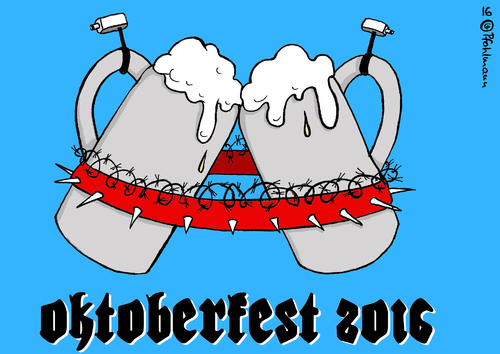 Cartoon: Oktoberfest 2016 (medium) by Pfohlmann tagged karikatur,cartoon,2016,color,farbe,deutschland,münchen,sicherheit,oktoberfest,wiesn,terror,terroranschläge,zaun,kontrollen,kameras,bier,bierkrüge,feier,fest,stacheldraht,rucksäcke,taschen,besucher,karikatur,cartoon,2016,color,farbe,deutschland,münchen,sicherheit,oktoberfest,wiesn,terror,terroranschläge,zaun,kontrollen,kameras,bier,bierkrüge,feier,fest,stacheldraht,rucksäcke,taschen,besucher