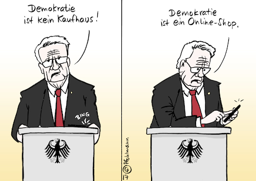 Cartoon: Online-Shop Demokratie (medium) by Pfohlmann tagged karikatur,cartoon,2017,color,farbe,deutschland,gauck,bundespräsident,abschied,abschiedsrede,rede,kaufhaus,demokratie,kunden,erwartungen,onlineshop,internet,smartphone,konsum,dienstleister,dienstleistung,digitalisierung,digitale,revolution,handy,karikatur,cartoon,2017,color,farbe,deutschland,gauck,bundespräsident,abschied,abschiedsrede,rede,kaufhaus,demokratie,kunden,erwartungen,onlineshop,internet,smartphone,konsum,dienstleister,dienstleistung,digitalisierung,digitale,revolution,handy