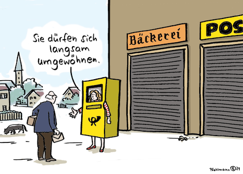 Cartoon: Post umgewöhnen (medium) by Pfohlmann tagged post,postfilialen,land,dorf,provinz,infrastruktur,automaten,post,postfilialen,land,dorf,provinz,infrastruktur,automaten