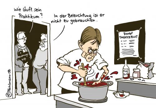 Cartoon: Praktikant (medium) by Pfohlmann tagged christian,klar,raf,terror,terrorismus,terrorist,entlassung,bewährung,bewährungshelfer,bewährungshilfe,praktikum,praktikant,theater,berliner,ensemble,claus,peymann,blut,christian klar,raf,terror,terrorismus,terrorist,entlassung,bewährung,bewährungshelfer,bewährungshilfe,praktikum,praktikant,theater,berliner ensemble,leben,einstieg,gefängnis,haft,knast,veränderungen,anpassen,integration,integrieren,gesellschaft,christian,klar,berliner,ensemble