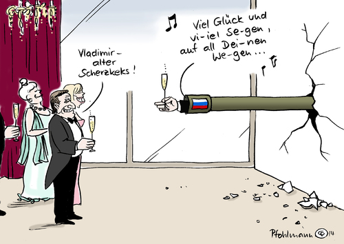 Cartoon: Putins Geburtstagskanon (medium) by Pfohlmann tagged karikatur,cartoon,farbe,color,2014,ukraine,russland,schröder,putin,geburtstag,geburtstagsfeier,st,petersburg,gast,freunde,freundschaft,ukrainekrise,konflikt,krieg,frieden,einladung,kanon,kanone,scherzkeks,panzer,karikatur,cartoon,farbe,color,2014,ukraine,russland,schröder,putin,geburtstag,geburtstagsfeier,st,petersburg,gast,freunde,freundschaft,ukrainekrise,konflikt,krieg,frieden,einladung,kanon,kanone,scherzkeks,panzer