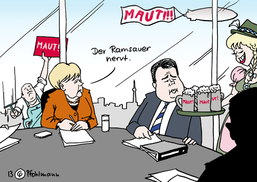 Cartoon: Raumsauer nervt (medium) by Pfohlmann tagged karikatur,cartoon,color,farbe,2013,bundestagswahl,merkel,ramsauer,gabriel,maut,autobahnmaut,große,koalition,koalitionsverhandlungen,schwarz,rot,spd,cdu,csu,union,bayern,pkw,ausländer,eu,autobahnen,verkehrsminister,verkehrspolitik,berlin,karikatur,cartoon,color,farbe,2013,bundestagswahl,merkel,ramsauer,gabriel,maut,autobahnmaut,große,koalition,koalitionsverhandlungen,schwarz,rot,spd,cdu,csu,union,bayern,pkw,ausländer,eu,autobahnen,verkehrsminister,verkehrspolitik,berlin