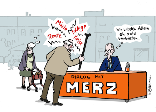 Cartoon: Renten-Dialog (medium) by Pfohlmann tagged rente,merz,preise,miete,inflation,bürger,senioren,rentner,altern,alt,bundeskanzler,bürgerdialog,wut,finanzen,geld,lebenshaltungskosten,altersvorsorge,rente,merz,preise,miete,inflation,bürger,senioren,rentner,altern,alt,bundeskanzler,bürgerdialog,wut,finanzen,geld,lebenshaltungskosten,altersvorsorge