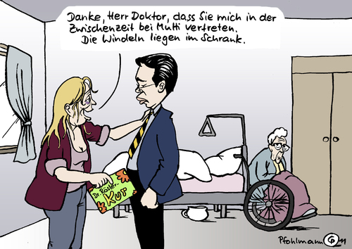 Cartoon: Rösler-Kur (medium) by Pfohlmann tagged rösler,pflege,pflegeversicherung,verwandte,angehörige,kur,pflegegeld,alt,alte,senioren,ambulant,rösler,pflege,pflegeversicherung,verwandte,angehörige,kur,pflegegeld,alt,alte,senioren,ambulant,gesundheit