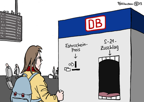 Cartoon: S 21-Zuschlag (medium) by Pfohlmann tagged karikatur,cartoon,color,farbe,2013,deutschland,21,stuttgart,bahnhof,deutsche,bahn,db,hauptbahnhof,bahnhofsprojekt,fahrkartenautomat,fahrscheinautomat,zuschlag,fahrpreis,fahrgast,zugfahrer,automat,karikatur,cartoon,color,farbe,2013,deutschland,21,stuttgart,bahnhof,deutsche,bahn,db,hauptbahnhof,bahnhofsprojekt,fahrkartenautomat,fahrscheinautomat,zuschlag,fahrpreis,fahrgast,zugfahrer,automat