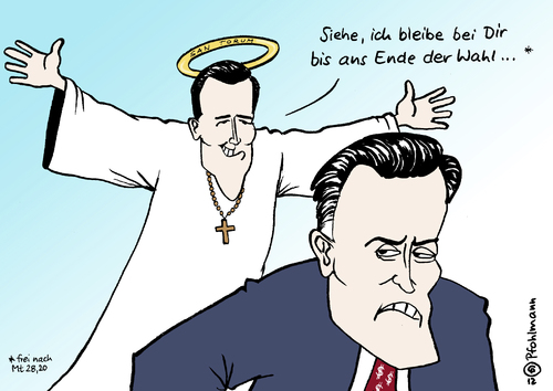 Cartoon: Santorum bleibt (medium) by Pfohlmann tagged karikatur,color,farbe,2012,usa,präsidentschaftswahl,präsidentschaftskandidatur,kandidaten,republikaner,santorum,romney,kandidat,missionar,engel,heiligenschein,heiliger,gläubig,fromm,frömmler,christ,christlich,konservativ,bibel,matthäus,zitat,bibelzitat,2012,usa,präsidentschaftswahl,präsidentschaftskandidatur,kandidaten,republikaner,santorum