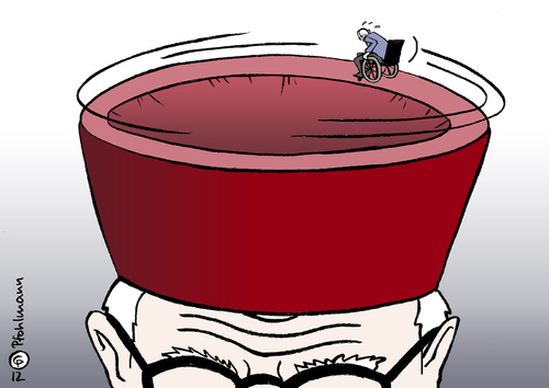 Cartoon: Schäuble rotiert (medium) by Pfohlmann tagged karikatur,color,farbe,2012,deutschland,bundesverfassungsgericht,verfassungsgericht,schäuble,finanzminister,rotiert,rollstuhl,verfassungsrichter,robe,hut,richter,richterhut,esm,verhandlung,grundgesetz,gg,fiskalpakt,gesetze,verfassungsgemäß,verfassung,eile,finanzmärkte,nervosität,nervös,2012,deutschland,verfassungsgericht,schäuble,finanzminister,verfassungsrichter