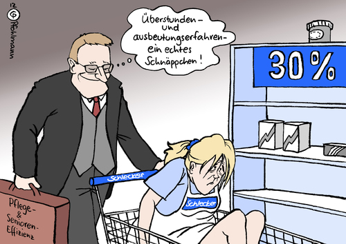 Cartoon: Schlecker-Schnäppchen (medium) by Pfohlmann tagged karikatur,color,farbe,2012,deutschland,schlecker,insolvenz,abverkauf,ausverkauf,schnäppchen,preisnachlass,rabatt,rabatte,verkäuferin,ausbeutung,überstunden,opfer,mitarbeiterin,pflege,senioren,altenheim,seniorenheim,pflegenotstand,effizienz,einsparung,personalnot,2012,deutschland,schlecker,insolvenz