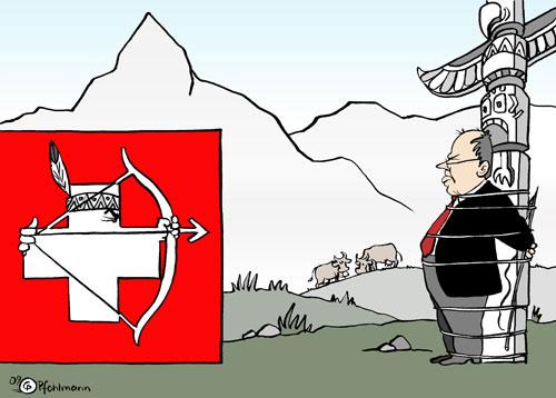 Cartoon: Schweizer Indianer (medium) by Pfohlmann tagged schweiz,deutschland,bankengeheimnis,bankgeheimnis,finanzminister,steinbrück,spd,indianer,totem,marterpfahl,bogen,pfeil,bogenschießen