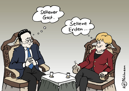 Cartoon: Selten (medium) by Pfohlmann tagged karikatur,color,farbe,2011,mongolei,deutschland,staatsbesuch,merkel,bundeskanzlerin,seltene,erden,ulan,bator,batbold,selten,rohstoffe,ressourcen,abkommen,bergbau,knowhow,technologie,mongolei,deutschland,staatsbesuch,merkel,bundeskanzlerin,seltene,erden,ulan,selten,rohstoffe,ressourcen