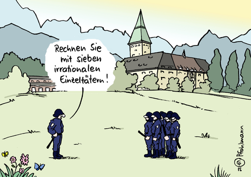 Cartoon: Sieben Einzeltäter (medium) by Pfohlmann tagged karikatur,cartoon,2015,color,farbe,deutschland,global,g7,gipfel,gipfeltreffen,schloss,elmau,bayern,bereitschaftspolizei,polizei,sicherheitsvorkehrungen,vorbereitungen,einzeltäter,irrational,sieben,gewalt,demos,proteste,karikatur,cartoon,2015,color,farbe,deutschland,global,g7,gipfel,gipfeltreffen,schloss,elmau,bayern,bereitschaftspolizei,polizei,sicherheitsvorkehrungen,vorbereitungen,einzeltäter,irrational,sieben,gewalt,demos,proteste