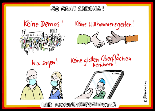 Cartoon: So geht Corona! (medium) by Pfohlmann tagged 2020,global,welt,epidemie,corona,coronavirus,gesundheit,krankheit,deutschland,regierung,gesundheitsminister,gesundheitsministerium,ansteckung,demonstration,versammlung,veranstaltungen,rezo,mundschutz,viral,virus,internet,youtuber,cdu,union,zerstörung,bürger,verhalten,2020,global,welt,epidemie,corona,coronavirus,gesundheit,krankheit,deutschland,regierung,gesundheitsminister,gesundheitsministerium,ansteckung,demonstration,versammlung,veranstaltungen,rezo,mundschutz,viral,virus,internet,youtuber,cdu,union,zerstörung,bürger,verhalten