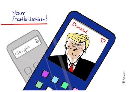 Cartoon: Startbildschirm (medium) by Pfohlmann tagged trump,google,monopol,smartphone,handy,zerschlagung,wirtschaft,ego,narzissmus,display,bloatware,software,suchmaschine,präsident,usa,liebe,donald,apps,trump,google,monopol,smartphone,handy,zerschlagung,wirtschaft,ego,narzissmus,display,bloatware,software,suchmaschine,präsident,usa,liebe,donald,apps