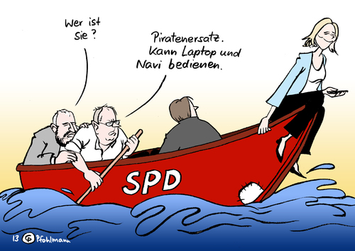 Cartoon: Steinbrücks Piratin (medium) by Pfohlmann tagged karikatur,cartoon,color,farbe,2013,deutschland,steinbrück,kompetenzteam,bundestagswahl,wahlkampf,kanzlerkandidat,piraten,piratenpartei,wiesehügel,oppermann,joost,boot,paddeln,paddel,laptop,navi,navigationsgerät,navigationssystem,mannschaft,besatzung,karikatur,cartoon,color,farbe,2013,deutschland,steinbrück,kompetenzteam,bundestagswahl,wahlkampf,kanzlerkandidat,piraten,piratenpartei,wiesehügel,oppermann,joost,boot,paddeln,paddel,laptop,navi,navigationsgerät,navigationssystem,mannschaft,besatzung