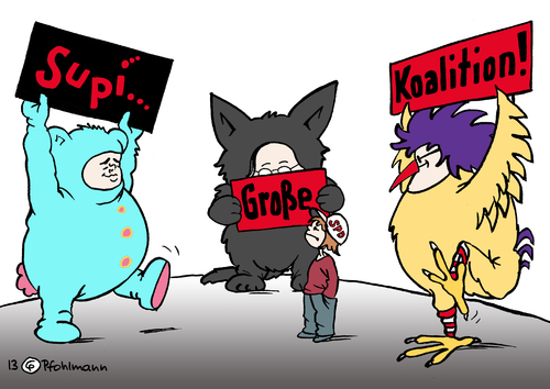 Cartoon: Supi Koalition (medium) by Pfohlmann tagged karikatur,cartoon,color,farbe,2013,deutschland,spd,parteitag,große,koalition,koalitionsgespräche,koalitionsverhandlungen,gabriel,nahles,steinmeier,vorstand,vorstandswahlen,werbung,mitglieder,basis,mitgliederentscheid,abstimmung,maskottchen,kostüme,reklame,karikatur,cartoon,color,farbe,2013,deutschland,spd,parteitag,große,koalition,koalitionsgespräche,koalitionsverhandlungen,gabriel,nahles,steinmeier,vorstand,vorstandswahlen,werbung,mitglieder,basis,mitgliederentscheid,abstimmung,maskottchen,kostüme,reklame