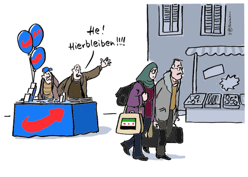 Cartoon: Syrer hierbleiben (medium) by Pfohlmann tagged afd,wahlkampf,bundestagswahl,rechtsextreme,flüchtlinge,migration,asyl,flucht,geflüchtete,syrien,syrer,assad,regime,rebellen,umsturz,deutschland,remigration,heimkehr,heimat,afd,wahlkampf,bundestagswahl,rechtsextreme,flüchtlinge,migration,asyl,flucht,geflüchtete,syrien,syrer,assad,regime,rebellen,umsturz,deutschland,remigration,heimkehr,heimat