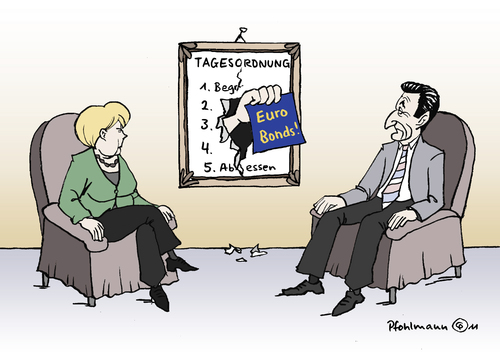 Cartoon: Tagesordnung in Paris (medium) by Pfohlmann tagged karikatur,color,farbe,2011,eurobonds,deutschland,frankreich,tagesordnung,gipfeltreffen,treffen,staatsbesuch,paris,merkel,sarkozy,finanzkrise,euro,europa,eu,anleihen,staatsanleihen,zins,staaten,transferunion,eurobonds,2011,deutschland,frankreich,tagesordnung,gipfeltreffen,treffen,staatsbesuch,merkel,sarkozy,finanzkrise,europa,anleihen,staatsanleihen