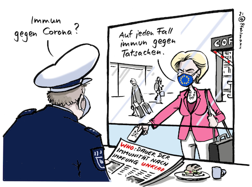 Cartoon: tatsachenimmun (medium) by Pfohlmann tagged corona,coronvirus,pandemie,covid19,impfen,impfung,von,der,leyen,eu,kommission,impfpass,digitalisierung,fakten,wissenschaft,politik,politiker,immunität,immun,grenze,reisen,tourismus,mobilität,einreise,gesundheit,krankheit,corona,coronvirus,pandemie,covid19,impfen,impfung,von,der,leyen,eu,kommission,impfpass,digitalisierung,fakten,wissenschaft,politik,politiker,immunität,immun,grenze,reisen,tourismus,mobilität,einreise,gesundheit,krankheit