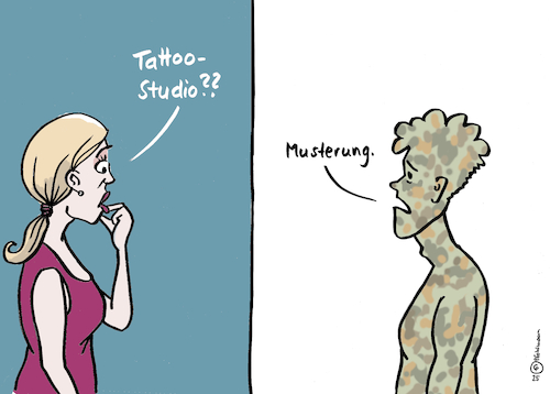 Cartoon: Tattoo-Musterung (medium) by Pfohlmann tagged bundeswehr,musterung,tarnfleck,militär,verteidigung,krieg,armee,bundeswehr,musterung,tarnfleck,militär,verteidigung,krieg,armee
