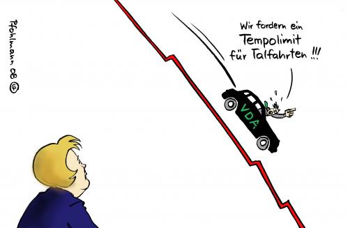 Cartoon: Tempolimit (medium) by Pfohlmann tagged tempolimit,merkel,autoindustrie,krise,rezession,vda,rettungspaket,hilfspaket,bankenkrise,bank,banken,automobilindustrie,autos,auto,automobil,industrie,geld,finazen,wirtschaft,wirtschaftskrise,finanzkrise,konjunktur,abschwung,konjunkturabschwung,rezession,rettung,hilfe,schulden,pleite,krise,angela merkel,cdu,bundeskanzlerin,bundeskanzler,kanzler,vda,tempolimit,tempo,limit,talfahrt,abgrund,angela,merkel