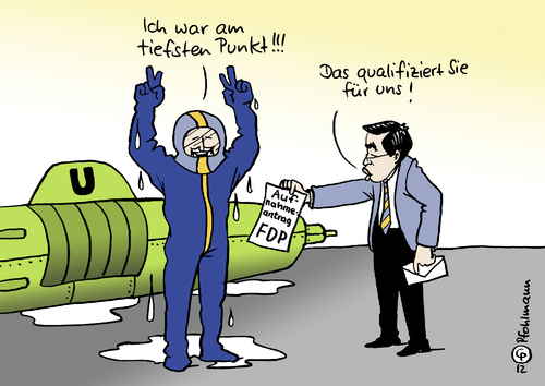 Cartoon: Tieftaucher (medium) by Pfohlmann tagged karikatur,color,farbe,2012,deutschland,saarland,landtagswahl,landtagswahlen,fdp,uboot,boot,tiefsee,tiefseetaucher,taucher,rösler,aufnahmeantrag,qualifikation,qualifiziert,parteimitglied,mitgliedsantrag,james,cameron,titanic,tiefpunkt,ozean,meer,2012,deutschland,saarland,landtagswahl,landtagswahlen,fdp