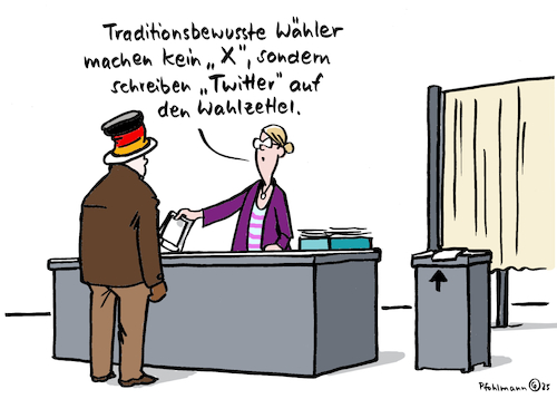 Cartoon: Traditionell Twitter (medium) by Pfohlmann tagged bundestagswahl,tradition,nostalgie,afd,rechts,wähler,kreuz,twitter,wahlzettel,ungültig,wahlhelferin,wahltipp,bundestagswahl,tradition,nostalgie,afd,rechts,wähler,kreuz,twitter,wahlzettel,ungültig,wahlhelferin,wahltipp