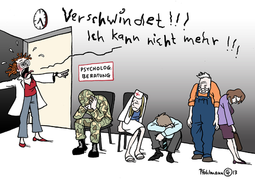 Cartoon: Überlastung (medium) by Pfohlmann tagged karikatur,cartoon,color,farbe,2013,deutschland,bundeswehr,soldaten,überlastung,stimmung,psychologie,burnout,arbeitsplatz,überforderung,psychologe,psychologin,beratung,therapie,schlange,andrang,überstunden,stress,druck,arbeitswelt,arbeitnehmer,rente,depression,psychische,krankheiten,frührente,karikatur,cartoon,color,farbe,2013,deutschland,bundeswehr,soldaten,überlastung,stimmung,psychologie,burnout,arbeitsplatz,überforderung,psychologe,psychologin,beratung,therapie,schlange,andrang,überstunden,stress,druck,arbeitswelt,arbeitnehmer,rente,depression,psychische,krankheiten,frührente