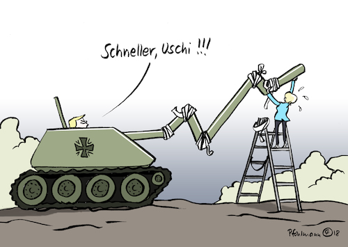 Cartoon: Uschis Ausgaben (medium) by Pfohlmann tagged karikatur,cartoon,color,farbe,2018,deutschland,global,welt,usa,nato,bündnis,verteidigungsausgaben,trump,forderung,bündnispartner,anteil,von,der,leyen,verteidigungsministerin,panzer,rohr,erhöhung,ausgaben,steigerung,beitrag,karikatur,cartoon,color,farbe,2018,deutschland,global,welt,usa,nato,bündnis,verteidigungsausgaben,trump,forderung,bündnispartner,anteil,von,der,leyen,verteidigungsministerin,panzer,rohr,erhöhung,ausgaben,steigerung,beitrag