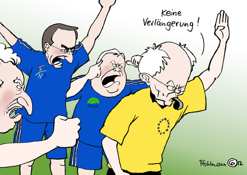 Cartoon: Verlängerung? (medium) by Pfohlmann tagged karikatur,color,farbe,2012,griechenland,verlängerung,fußball,euro,van,rompuy,eu,europa,eurokrise,rettungsschirm,reformen,nea,dimokratia,samaras,pasok,venizelos,kouvelis,sparprogramm,einsparungennn,sparmaßnahmen,schiedsrichter,2012,griechenland,verlängerung,fußball