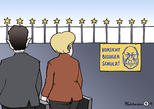 Cartoon: Vorsicht Schulz! (medium) by Pfohlmann tagged karikatur,color,farbe,2012,eu,europa,europaparlament,europäisches,parlament,vorsitz,vorsitzender,präsident,wahl,schulz,spd,sozialdemokraten,sozialisten,fraktion,bissig,bissiger,hund,vorsicht,warnung,schild,sarkozy,merkel,frankreich,deutschland,2012,eu,europa,europaparlament,präsident,sozialdemokraten,schulz,spd,wahl,fraktion,sarkozy,merkel