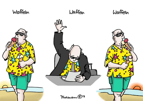 Cartoon: Waffeln-Waffen-Waffeln (medium) by Pfohlmann tagged deutschland,2014,farbe,color,cartoon,parlamentarier,parlament,sommerurlaub,strand,waffen,waffeln,eiswaffeln,urlaub,eis,sitzung,unterbrechung,sommerpause,isis,is,waffenlieferungen,debatte,abstimmung,abgeordnete,bundestag,irak,karikatur,karikatur,cartoon,color,farbe,2014,deutschland,irak,bundestag,abgeordnete,abstimmung,debatte,waffenlieferungen,is,isis,sommerpause,unterbrechung,sitzung,eis,urlaub,eiswaffeln,waffeln,waffen,strand,sommerurlaub,parlament,parlamentarier