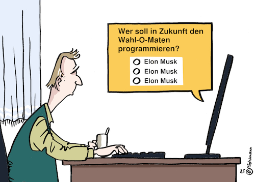 Cartoon: Wahl-O-Mat 1 (medium) by Pfohlmann tagged wahlomat,wahlhilfe,bundestagswahl,musk,demokratie,einmischung,technologie,multimilliardär,usa,wähler,wählerinnen,parteien,macht,reichtum,algorithmus,wahlomat,wahlhilfe,bundestagswahl,musk,demokratie,einmischung,technologie,multimilliardär,usa,wähler,wählerinnen,parteien,macht,reichtum,algorithmus