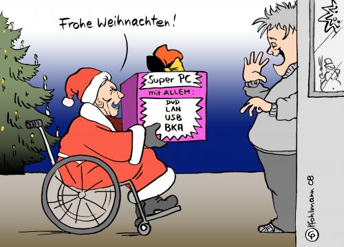 Cartoon: Weihnachts-PC (medium) by Pfohlmann tagged weihnachten,weihnachtsmann,schäuble,innere,sicherheit,bka,gesetz,online,durchsuchung,computer,pc,geschenk,paket,rollstuhl