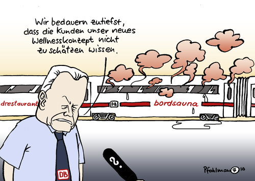 Cartoon: Wellness-Bahn (medium) by Pfohlmann tagged deutsche,bahn,db,zug,ice,waggon,grube,wellness,sauna,klimaanlage,defekt,störung,ausfall,kollaps,kunden,fahrgäste,deutsche bahn,db,bahn,transport,fahrgäste,fahrgast,sauna,klimaanlage,defekt,störung,ausfall,kollaps,wellness,zug,kunden,kreislauf,sommer,hitze,deutsche