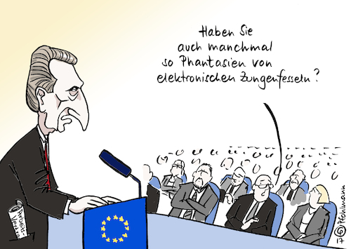 Cartoon: Zungenfessel (medium) by Pfohlmann tagged karikatur,cartoon,2017,color,farbe,eu,oettinger,kommissar,beförderung,haushalt,personalwesen,zungenfessel,fußfessel,elektronische,sicherheitspolitik,rassismus,homophobie,schlitzaugen,rede,karikatur,cartoon,2017,color,farbe,eu,oettinger,kommissar,beförderung,haushalt,personalwesen,zungenfessel,fußfessel,elektronische,sicherheitspolitik,rassismus,homophobie,schlitzaugen,rede