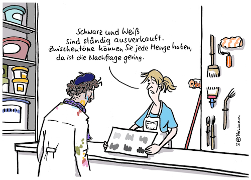 Cartoon: Zwischentöne (medium) by Pfohlmann tagged zwischentöne,schwarzweißdenken,schwarz,weiß,farben,polarisierung,gesellschaft,politik,socialmedia,sozialemedien,spaltung,rechthaberei,lagerbildung,maler,malerin,nachfrage,diskussion,meinung,debatte,kommunikation,zwischentöne,schwarzweißdenken,schwarz,weiß,farben,polarisierung,gesellschaft,politik,socialmedia,sozialemedien,spaltung,rechthaberei,lagerbildung,maler,malerin,nachfrage,diskussion,meinung,debatte,kommunikation